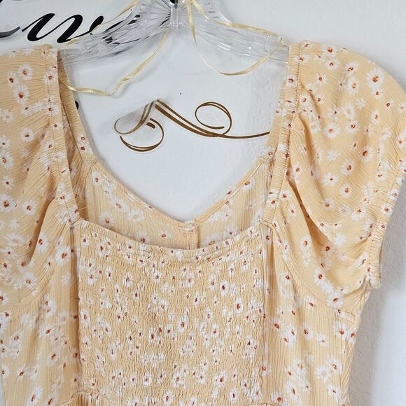 Pink Rose Peasant Mini Dress Small Yellow Daisy Print Cottagecore Prariecore - Picture 15 of 16